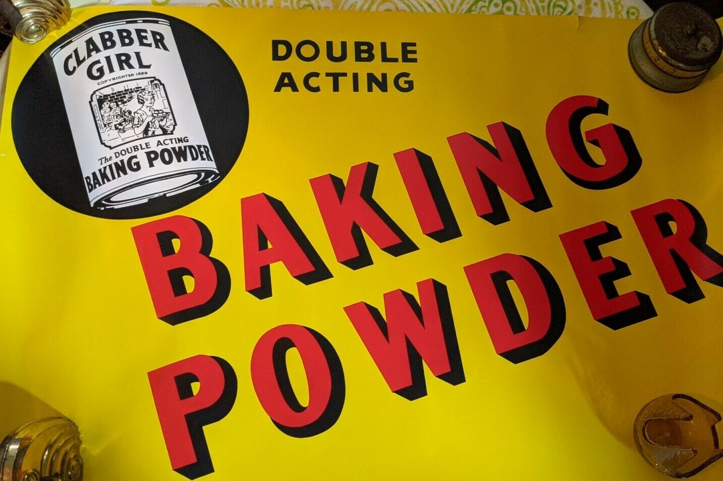 Nos Clabber Girl Baking Powder Double Acting Rare Antique Sign Poster Hulman Vtg