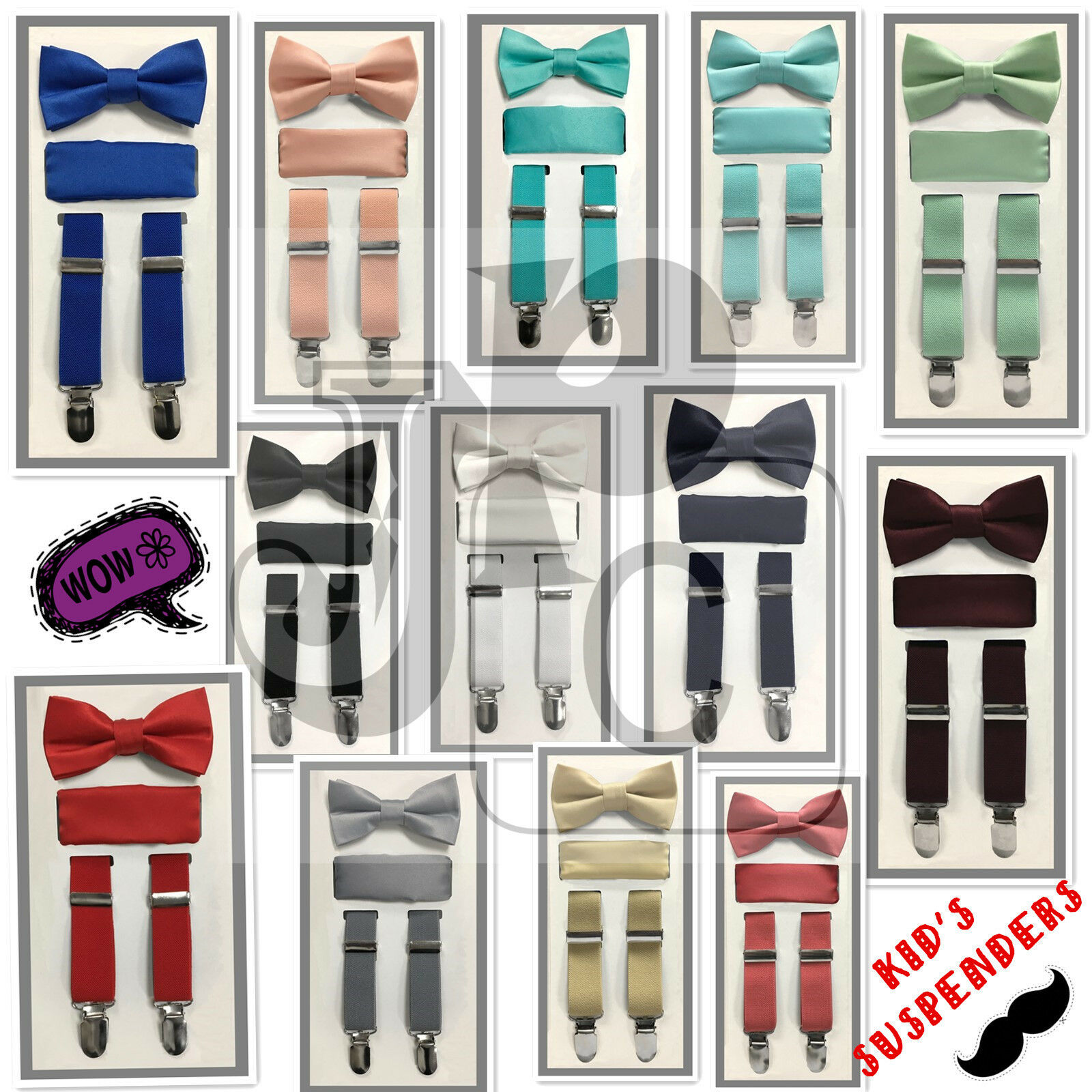 New Kid Boy's 3 Pieces Clip Suspender Bow Tie & Pocket Square Hankie Prom Formal