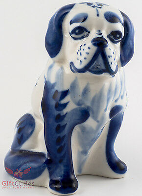 Porcelain St. Saint Bernard Dog Figurine Souvenir Gzhel Colors Handmade