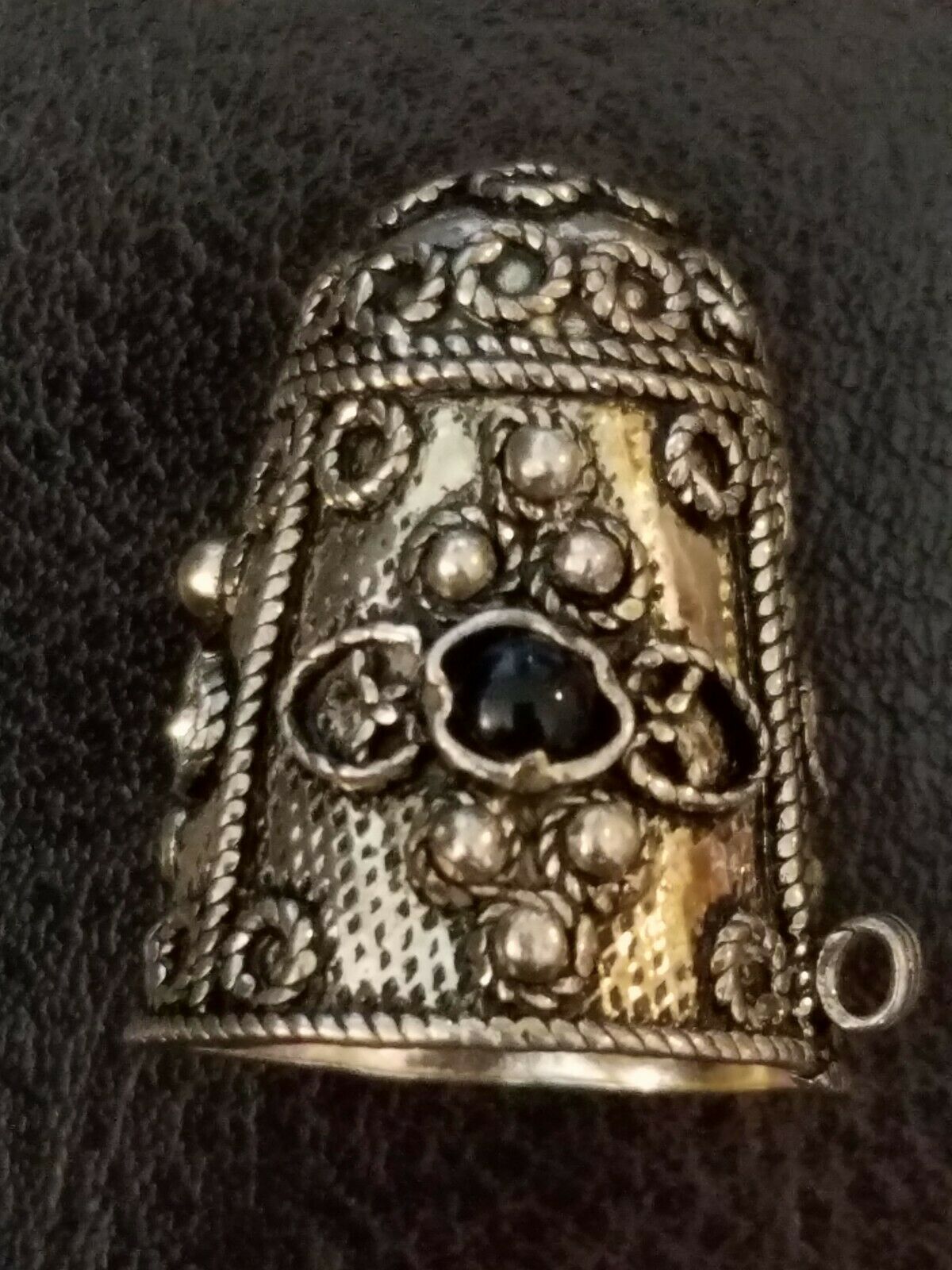 Vintage Sterling Silver Thimble 925 Ornate Detail Onyx Black Gemstone Antique
