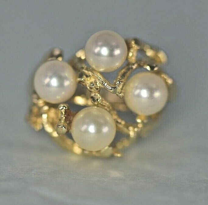 Vintage 1960s  14k Yellow Gold Japan Aa Cultured Pearl Ladies Ring Branch Style