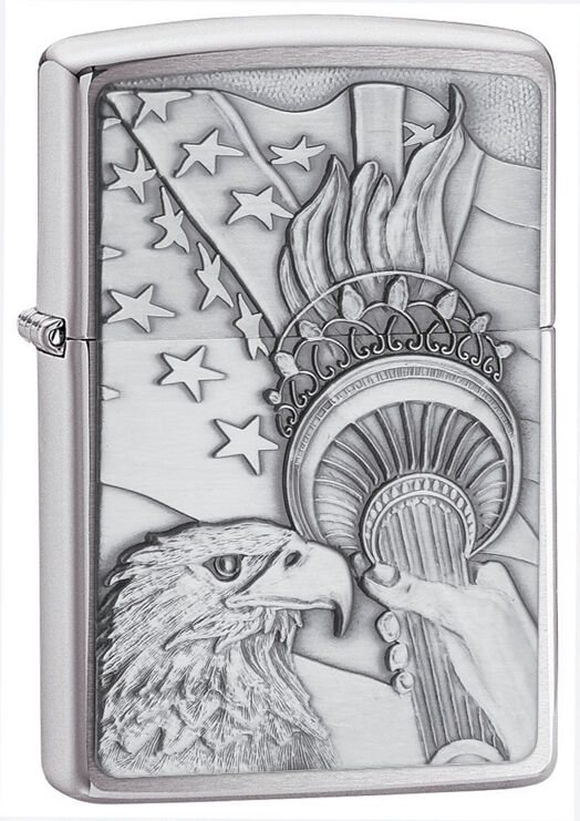 Zippo Windproof Brushed Chrome Lighter With Eagle & Flag, 20895, New In Box