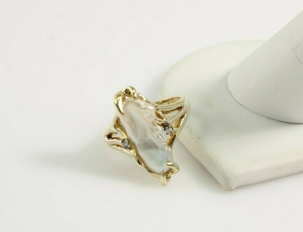 14k Yellow Gold Unique Freshwater Pearl & Diamond Ring Size 6 ~ Free Shipping!