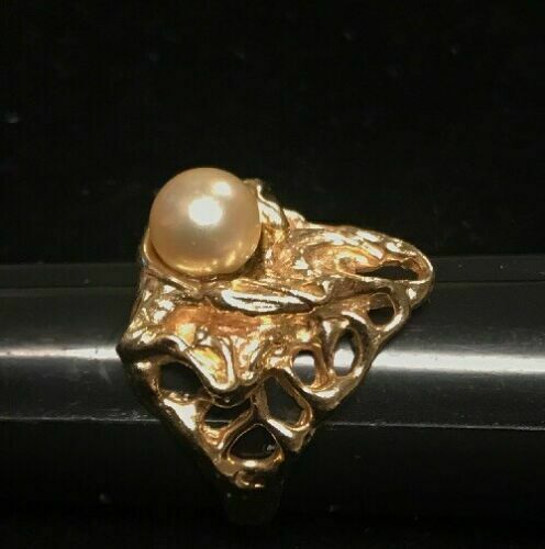 14k Heavy Yellow Gold 7mm Pearl Custom Estate One Of A Kind Ring Sz 7.5  9 Grams