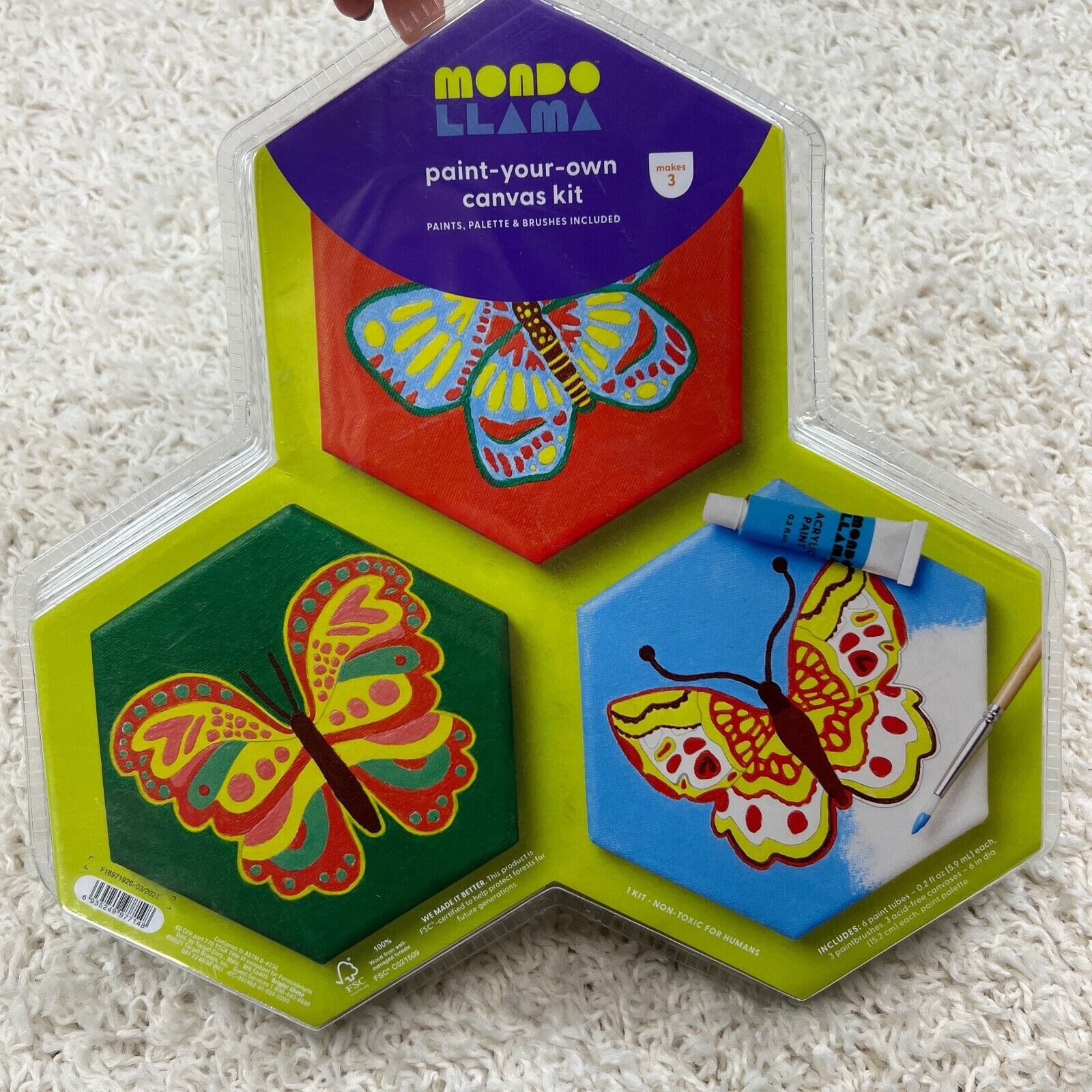 Paint Your Own Hexagon Canvas Kit Butterflies With Paint Mondo Llama New