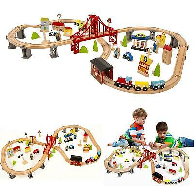70 Pieces Hand Crafted Wooden Train Set Crossing Railway Track Kids Toy Play Set
