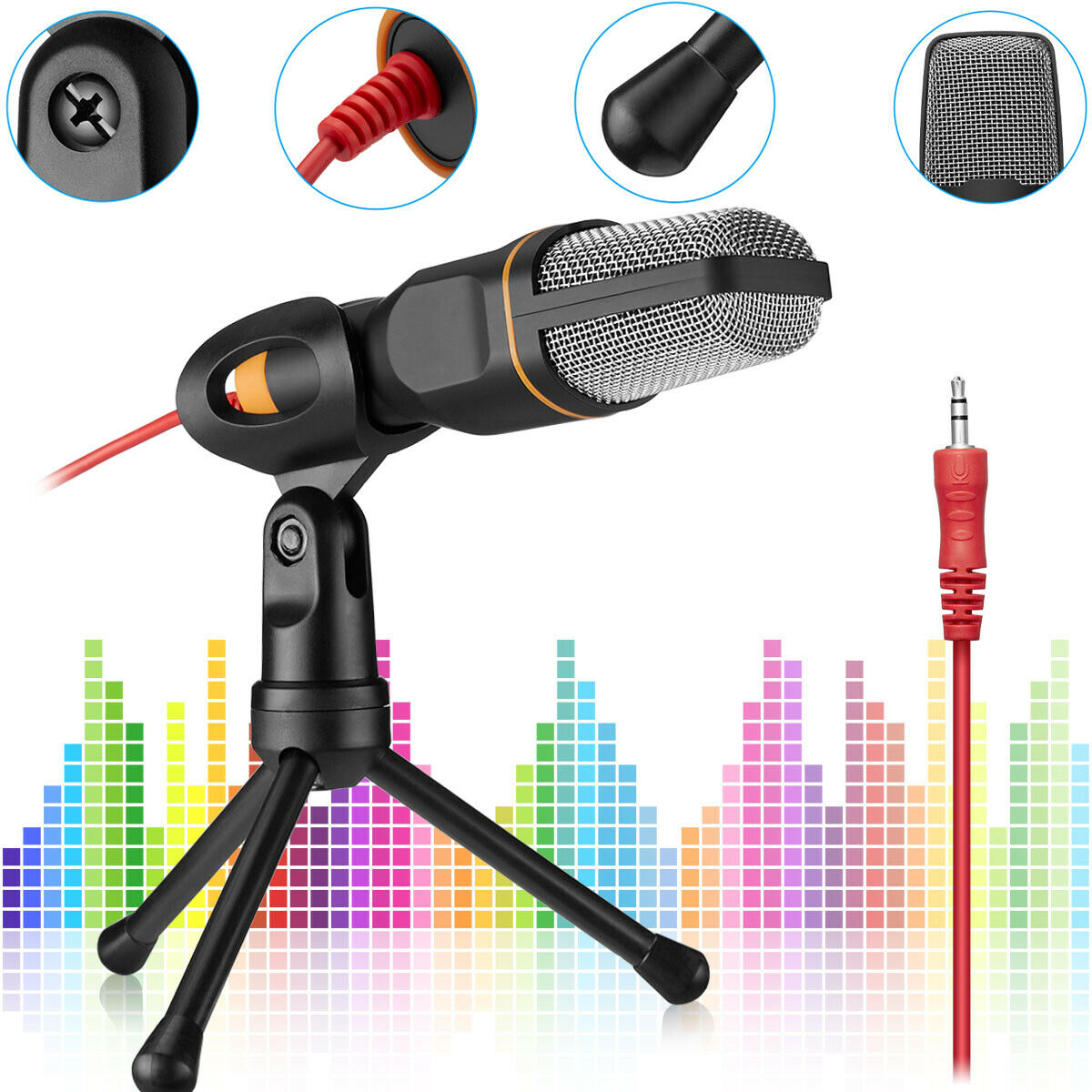 Microphone With Mini Stand Tripod Audio Recording For Computer Pc Phone Desktop