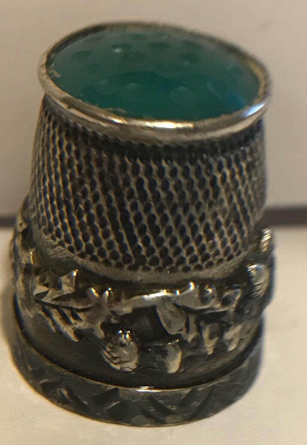 Rare Antique Silver With Jade Gem Top Sewing Finger Thimble Thistle Leaf Acorn?