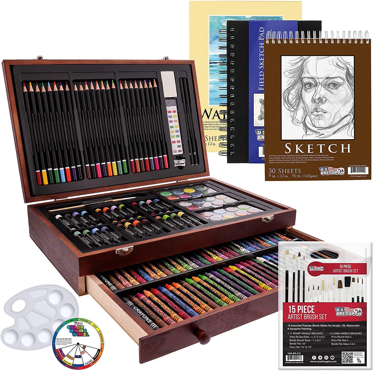 Kids Art Set 162-pc Wood Box Paint Drawing Kit Sketch Pads Watercolor Brushes