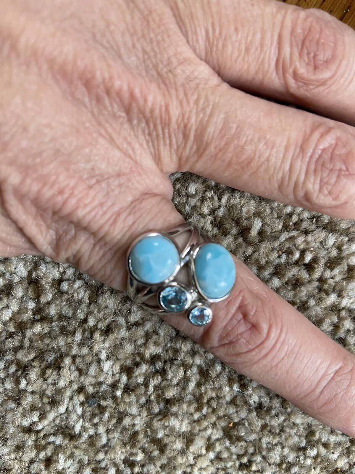 Vintage 925 Sterling Silver & Larimar And Topaz Stone Ring Size 7.25