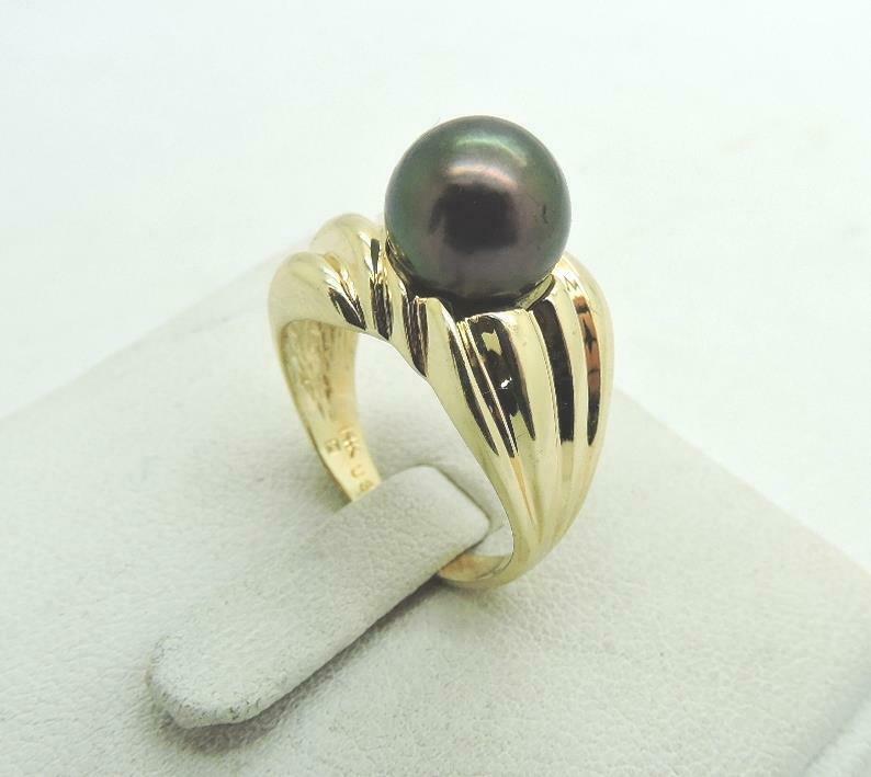 14k Yellow Gold Black Pearl Ring Band 9.35 Mm Size 6.75 Stunning