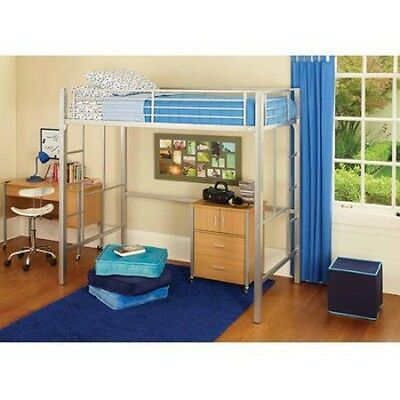 Loft Twin Bunk Bed Silver Metal Desk Kids Bedroom Furniture Storage Side Ladders