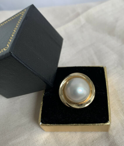 Classic 14k Gold 585 Love Knot White Mobe Mabe Pearl 13mm Size 6 1/4 Nwot. *41