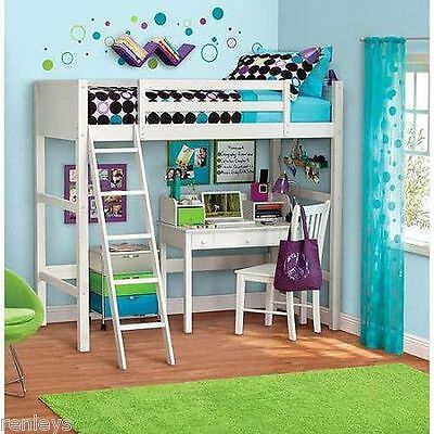 Twin Bunk Loft Bed Over Desk With Ladder Kids Teen Bedroom White Wood Furniture