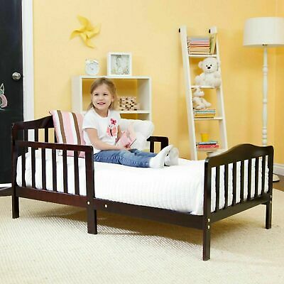 Baby Toddler Bed Kids Children Wood Bedroom Furniture W/ Safety Rails Espresso
