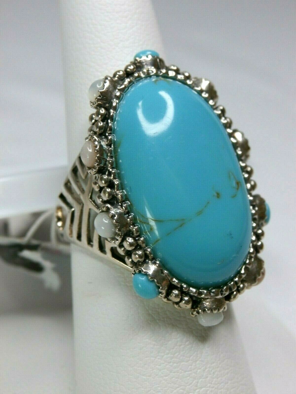 Nwt Sz 8 Huge Bold Sterling 1-1/4" X 1" Genuine Turquoise & Mother Of Pearl Ring