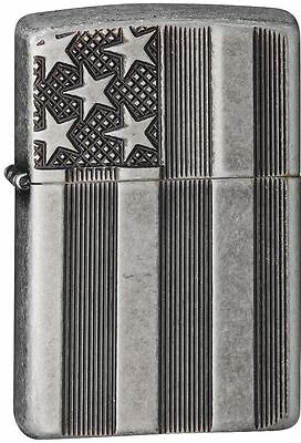 Zippo Armor Windproof Antique Silver Plate Deep Cut Flag, 28974, New In Box