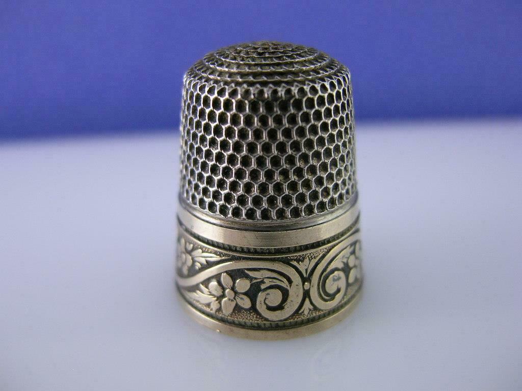Victorian Sterling & Gold Band Simons Thimble W/ Floral & Scroll Patterns 7
